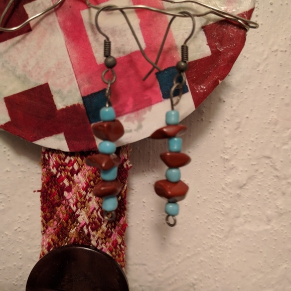 Navaho Turquoise & Rust Orange Dangle Earrings - Picture 3 of 3